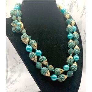 Vintage Hong Kong Beaded Necklace Turquoise Gold Filigree Statement